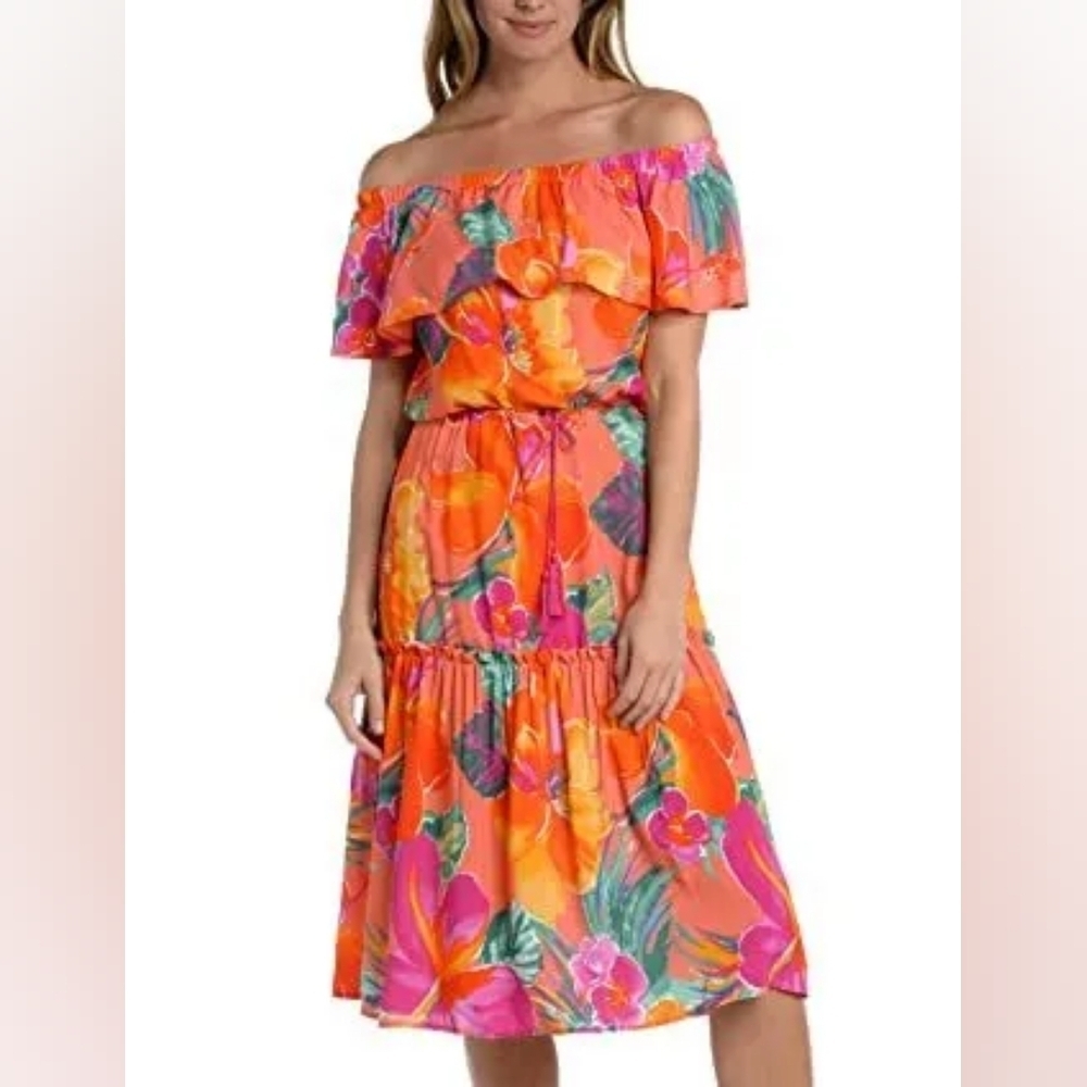 La Blanca Elastic Off Shoulder Dress Swimsuit Swimwear Cover Up Size Laege